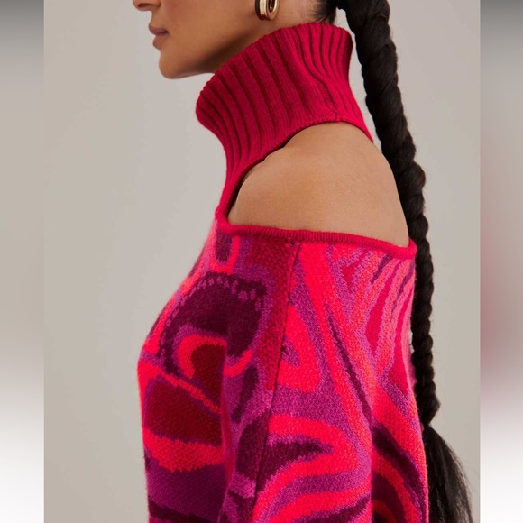 NWT Farm Rio pink bold floral knit sweater with one shoulder cut out, size XL - Picture 3 of 10